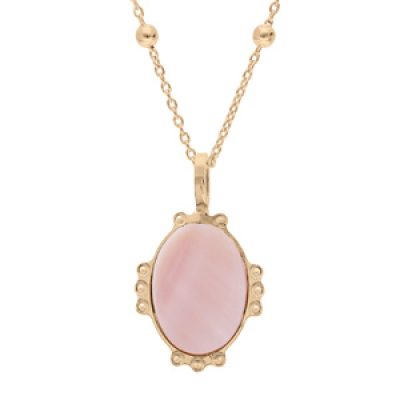 Collier en plaqué or chaîne avec médaille ovale 14mm contour perlée et coeur en pierre naturelle Nacre rose 38+5cm