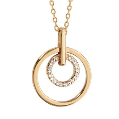 Collier en plaqué or chaîne avec pendentif 1 anneau lisse et 1 anneau orné d'oxydes blancs à l'intérieur - longueur 45cm