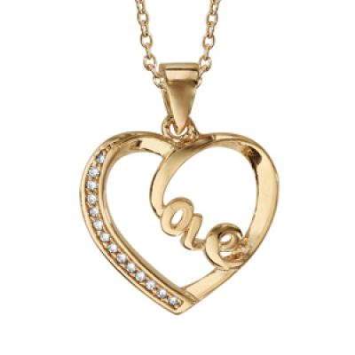 Collier en plaqué or chaîne avec pendentif coeur évidé avec boucle "Love" à l'intérieur et oxydes blancs sertis sur 1 côté - longueur 40cm + 5cm de rallonge