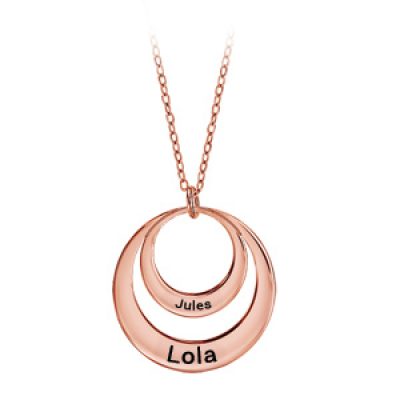 Collier en plaqué or rose chaîne avec pendentif 2 anneaux pour prénoms à graver - longueur 40cm + 5cm de rallonge