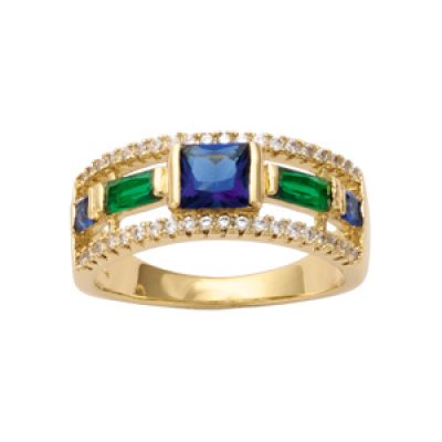 Bague en plaqué or anneau avec pierre verre bleue et verte avec petits oxydes blancs