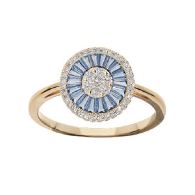 Bague en plaqué or anneau simple avec oxydes rectangulaires bleus et contour blancs sertis
