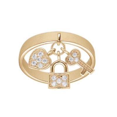 Bague en plaqué or anneau ruban avec breloques cadenas coeur clefs et oxydes blancs