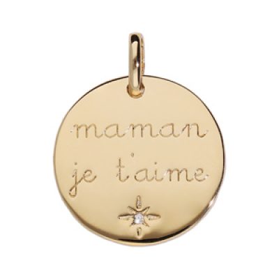 Pendentif en plaqué or médaille gravée "maman je t'aime" avec 1 étoile et oxyde blanc serti