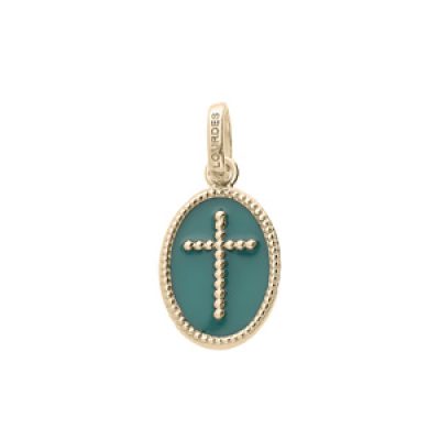 Pendentif en plaqué or ovale croix sur fond vert