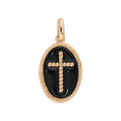 Pendentif en plaqué or ovale Croix sur fond noir