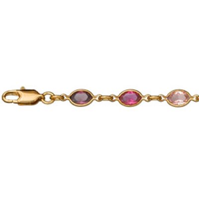 Bracelet en plaqué or alternance d'oxydes roses et violets en forme de navette - longueur 16+3cm