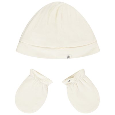 Ensemble bonnet + moufles avec étiquette étoile pour bébé - Ecru