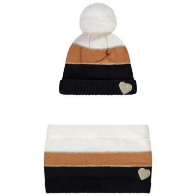 Ensemble en tricot bonnet + snood effet color block pour fille - Ecru