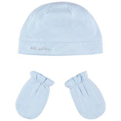 Set bonnet et moufles en coton avec broderie pour bébé garçon - Bleu clair
