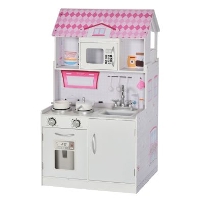 HOMCOM maison de poupée pour enfant multifonctionnelle en bois design 2 en 1 jeu d’immitation accessoires complets inclus rose et blanc