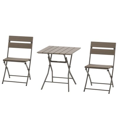 Outsunny Ensemble salon de jardin 2 personnes 1 table carrée et 2 chaises pliables plastique à grain de bois gris