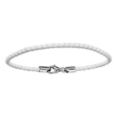 Bracelet en cuir blanc tressé pour charms et fermoir en argent rhodié - longueur 17