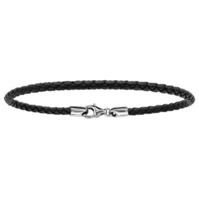 Bracelet en cuir noir tressé pour charms et fermoir en argent rhodié - longueur 21cm