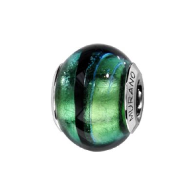 Charms Thabora en argent rhodié et verre de Murano véritable vert avec reflet bleuté et filet noir