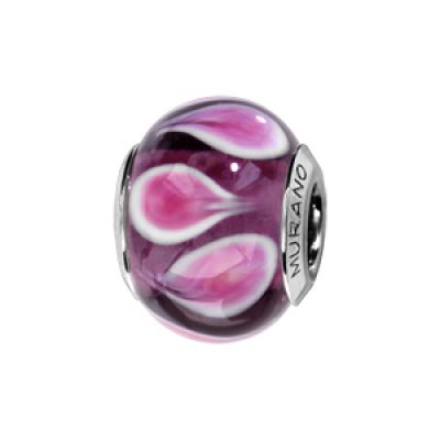 Charms Thabora en argent rhodié et verre de Murano véritable violet avec gouttes roses et blanches en sens inverse alterné