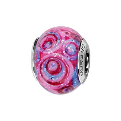 Charms Thabora en argent rhodié et verre de Murano véritable rose avec spirales rouges et violettes pailleté