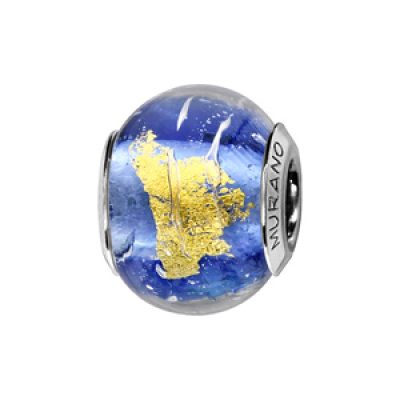 Charms Thabora en argent rhodié et verre de Murano véritable bleu irrégulier et feuille dorée