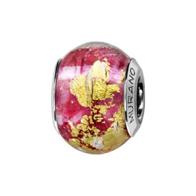Charms Thabora en argent rhodié et verre de Murano véritable rouge rosé avec feuille dorée