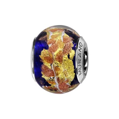Charms Thabora en argent rhodié et verre de Murano véritable bleu foncé avec feuilles dorées et moucheté cuivré