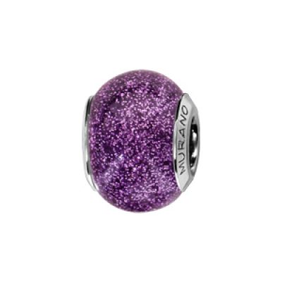 Charms Thabora en argent rhodié et verre de Murano véritable violet pailleté