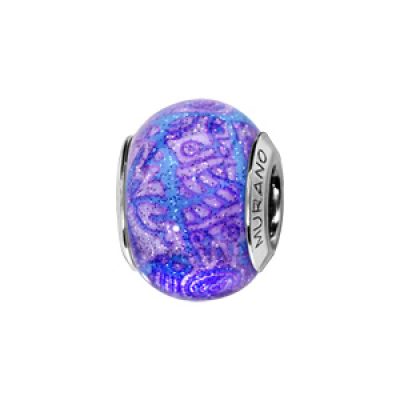 Charms Thabora en argent rhodié et verre de Murano véritable bleu ciel avec motifs violets pailleté