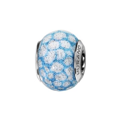 Charms Thabora en argent rhodié et verre de Murano véritable ciel nuageux bleu tacheté de blanc et pailleté