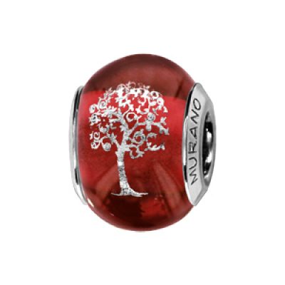 Charms Thabora en argent rhodié et verre de Murano véritable rouge avec arbre de vie argenté