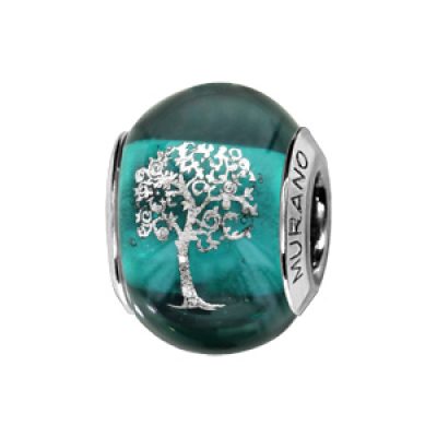 Charms Thabora en argent rhodié et verre de Murano véritable bleu-vert avec arbre de vie argenté