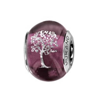Charms Thabora en argent rhodié et verre de Murano véritable violet avec arbre de vie argenté