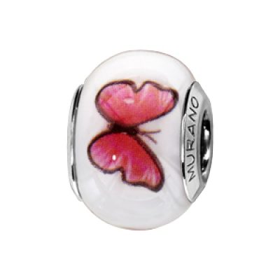 Charms Thabora en argent rhodié et verre de Murano véritable blanc avec papillons rose-rouge