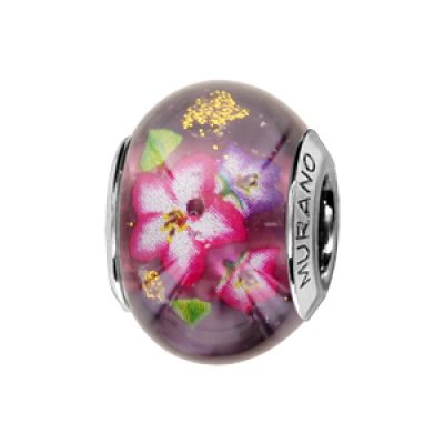 Charms Thabora en argent rhodié et verre de Murano véritable violet avec fleurs tropicales roses et violettes