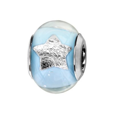 Charms Thabora en argent rhodié et verre de Murano véritable bleu clair avec étoiles argentées