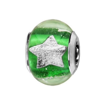 Charms Thabora en argent rhodié et verre de Murano véritable vert clair avec étoiles argentées