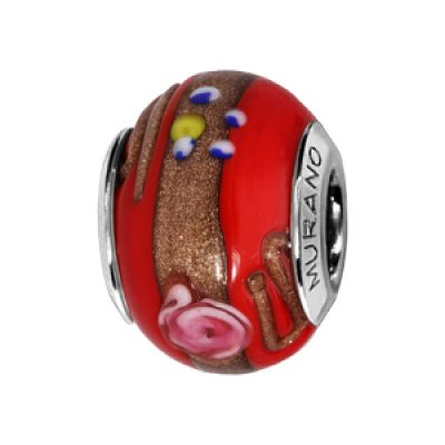 Charms en argent rhodié verre de Murano véritable rouge avec motifs et dorure
