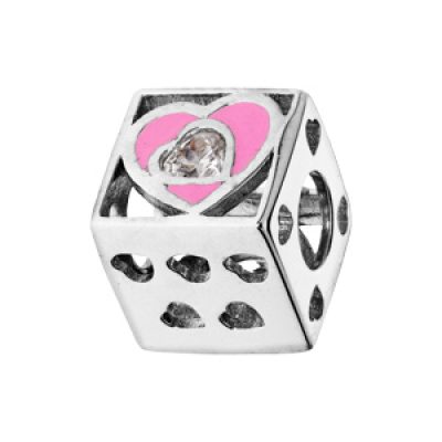 Charms Thabora en argent rhodié cube avec coeurs rose et oxyde blanc