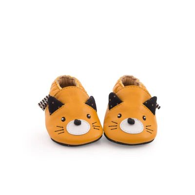 Chaussons cuir chat moutarde Les moustaches 6-12 mois Moulin Roty