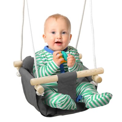 AIYAPLAY Balançoire bébé corde réglable de 110 à 180 cm avec barre de sécurité mousqueton anneaux gris foncé   Aosom France