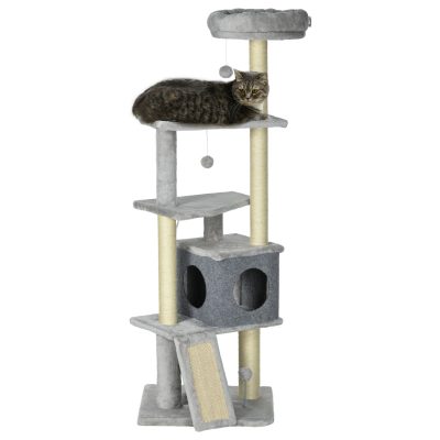 PawHut Arbre à chat arbre à grimper hauteur 146 cm centre d'activités avec niche rampe plate-formes et 3 balles suspendues gris