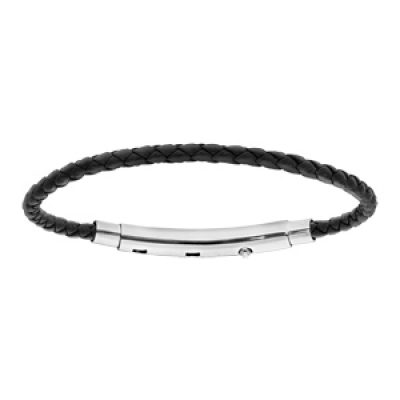 Bracelet en acier pour charms medium homme cuir noir et fermoir téléscopique 18cm réglable 17 et 16cm