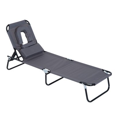 Outsunny Chaise longue bain de soleil transat ergonomique design contemporain dossier Inclinable avec trou de lire gris   Aosom France