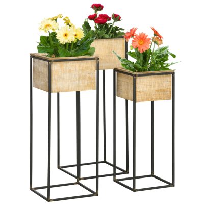 Outsunny Lot de 3 cache-pots carrés pour plantes fleurs sur pied en métal et bois - 3 hauteurs différentes naturel et noir
