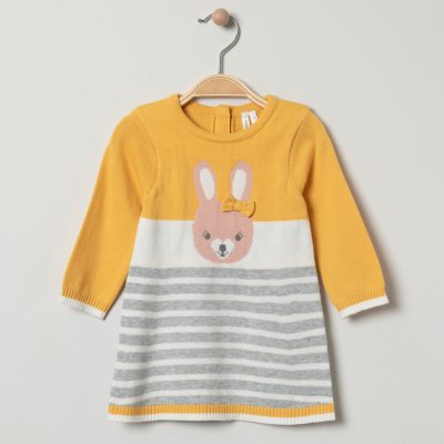 Robe manches longues en tricot motif lapin pour bébé fille - Jaune clair