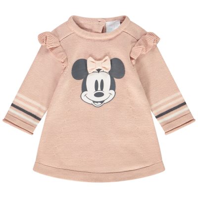 Robe en tricot manches longues print Minnie Disney et noeud fantaisie pour bébé fille - Rose