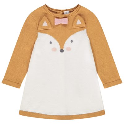 Robe en tricot à manches longues print renard avec détails en relief pour bébé fille - Beige