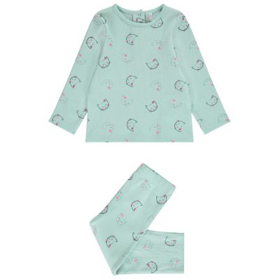 Pyjama 2 pièces en nid d'abeille imprimé chats pour bébé fille - Bleu