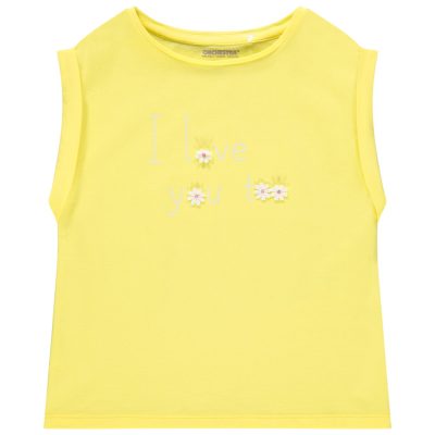 T-shirt manches courtes jaune à message et fleurs - Jaune clair
