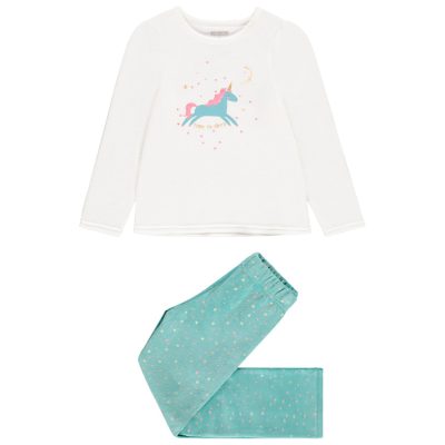 Pyjama 2 pièces en velours avec motif licorne pour enfant fille - Ecru