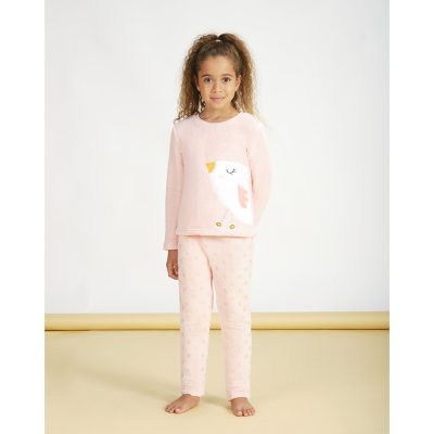 Pyjama 2 pièces en sherpa patch brodé oiseau et imprimé pois pour fille - Rose