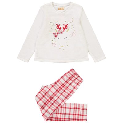 Pyjama 2 pièces avec broderies renne de Noël et imprimé carreaux pour fille - Ecru